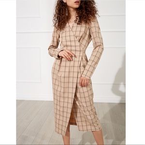 Toptop Wool Blend Faux Wrap Check Dress S Beige